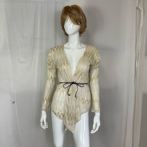 Miss Dior Zigzag Knitted Sheer Belted Puff Sleeve Cardigan Top Metallic Cream S